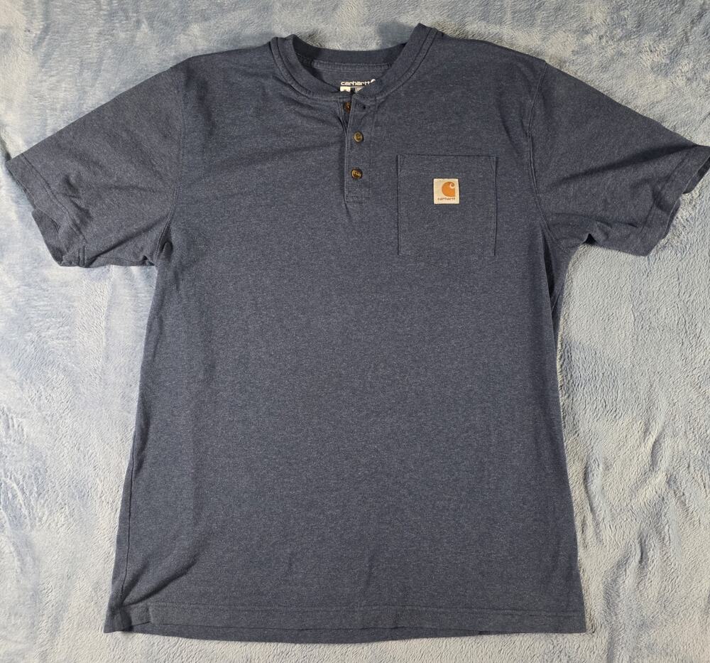 Carhartt Men’s Medium Loose Fit Henley Shirt Short Sleeve Pocket Blue